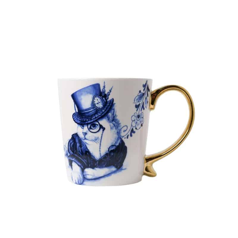 Kat met hoed - goud - heinen delfts blauw